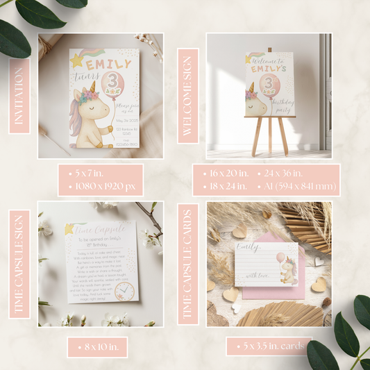Unicorn Themed Birthday Bundle featuring pastel-colored party printables including invitation, welcome sign, time capsule sign, and time capsule cards with whimsical unicorn illustrations and customizable text.