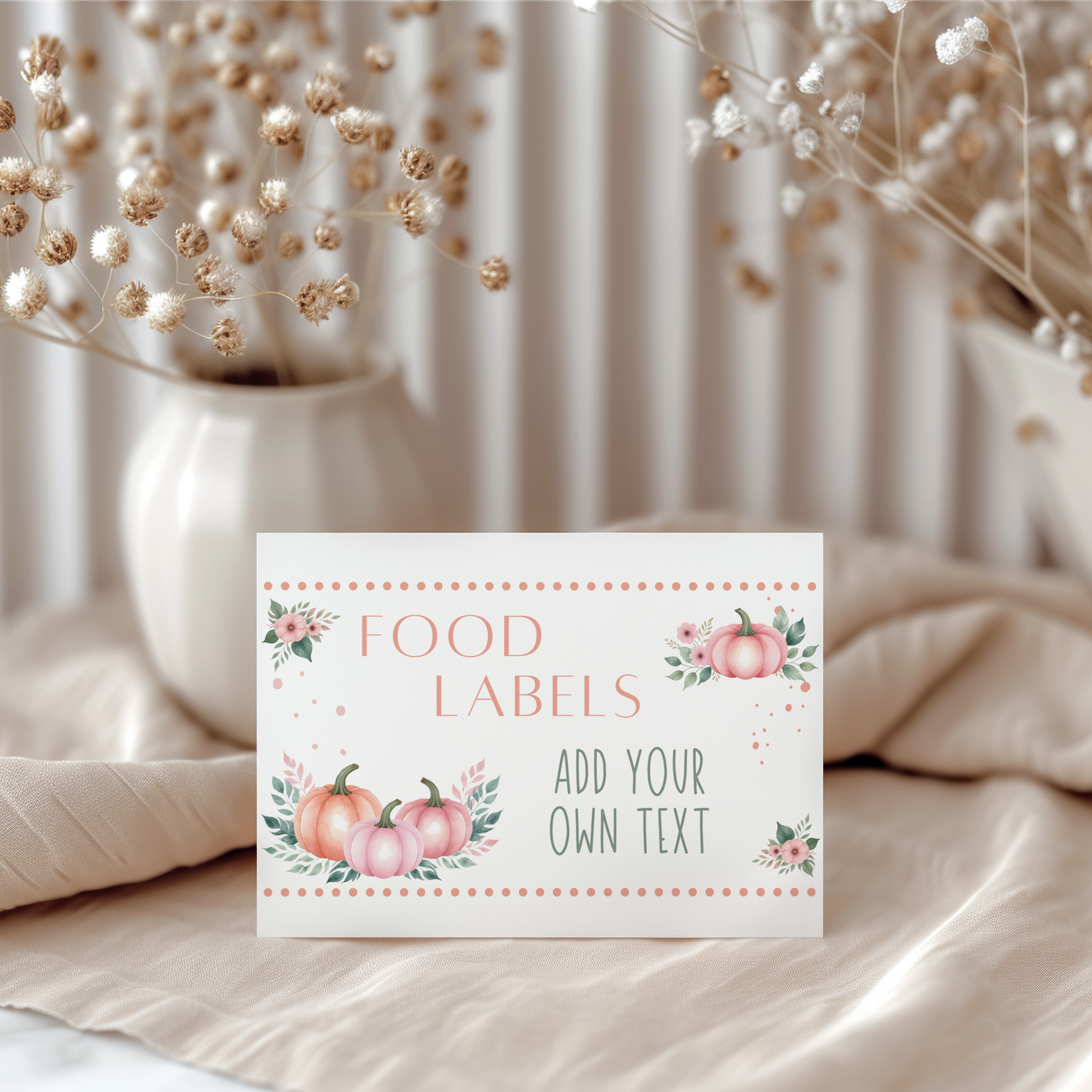 Card with 'Food Labels' text and pumpkin design on a neutral background