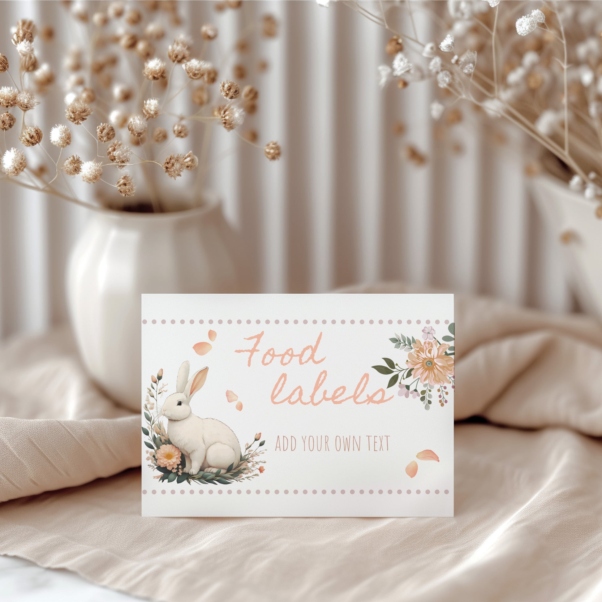Card with bunny illustration and text 'Food labels' on a soft background