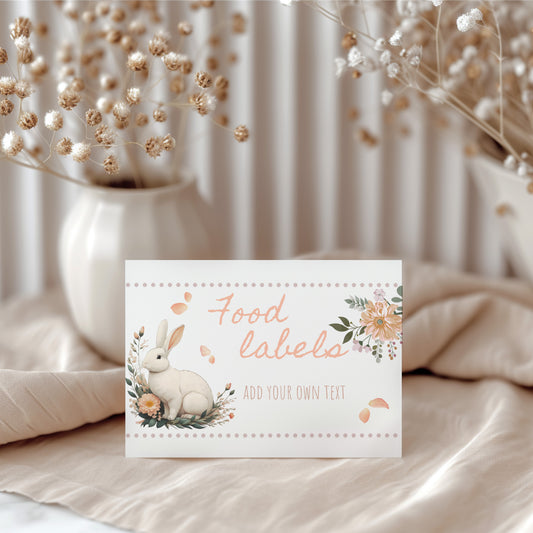 Card with bunny illustration and text 'Food labels' on a soft background