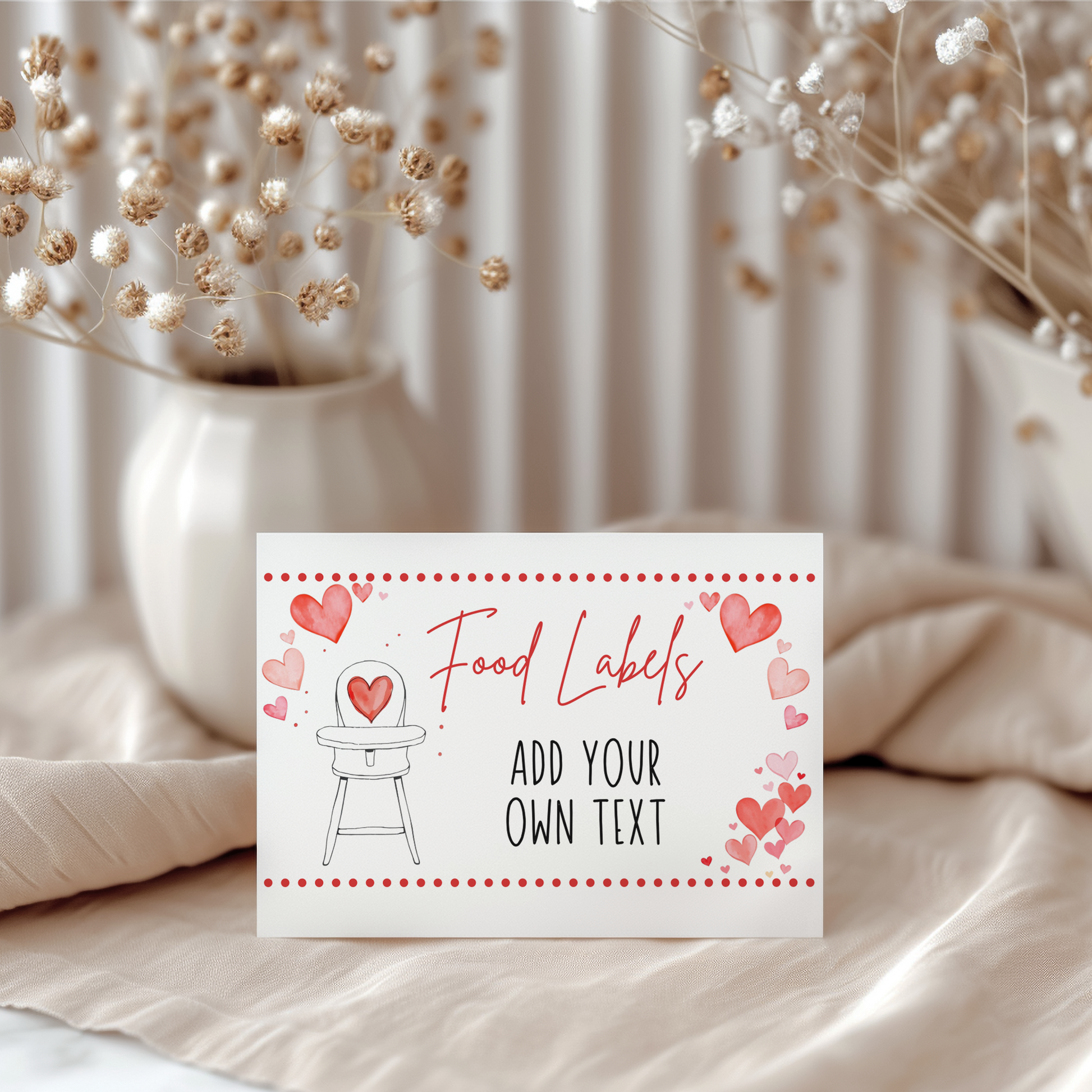 Card with 'Food Labels Add Your Own Text' design on a neutral background with decorative elements.