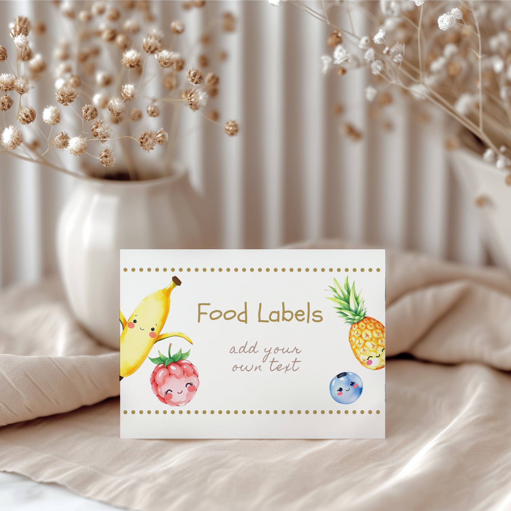 Card with cartoon fruits and text 'Food Labels add your own text' on a neutral background.
