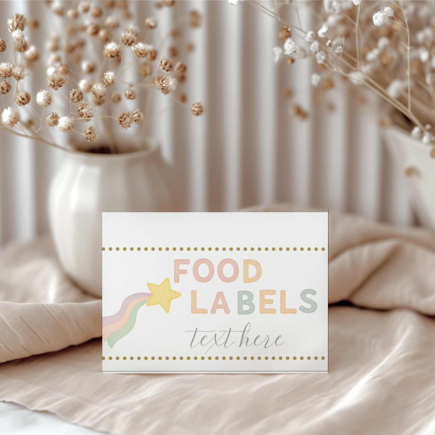 Card with 'Food Labels' text on a neutral background with decorative elements