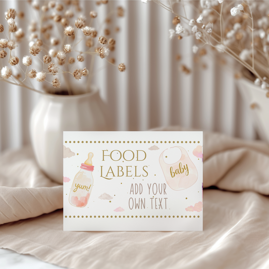 Card with text 'Food labels add your own text' on a neutral background with decorative elements.