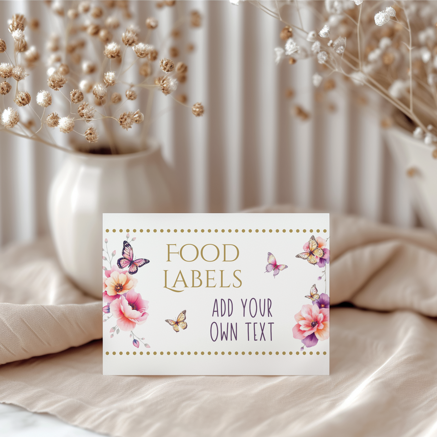 Card with floral design and text 'Food Labels Add Your Own Text' on a neutral background