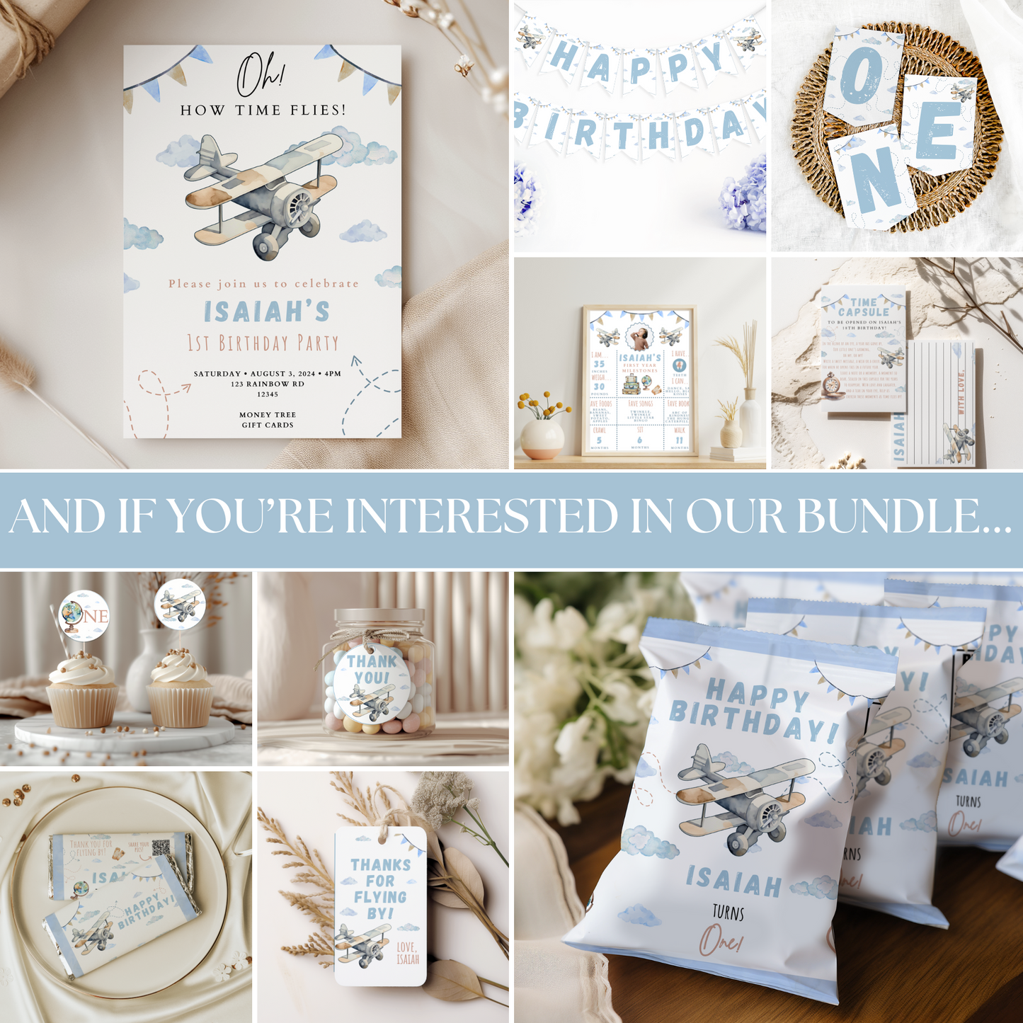 Collage of birthday party decorations and invitations with airplane theme.