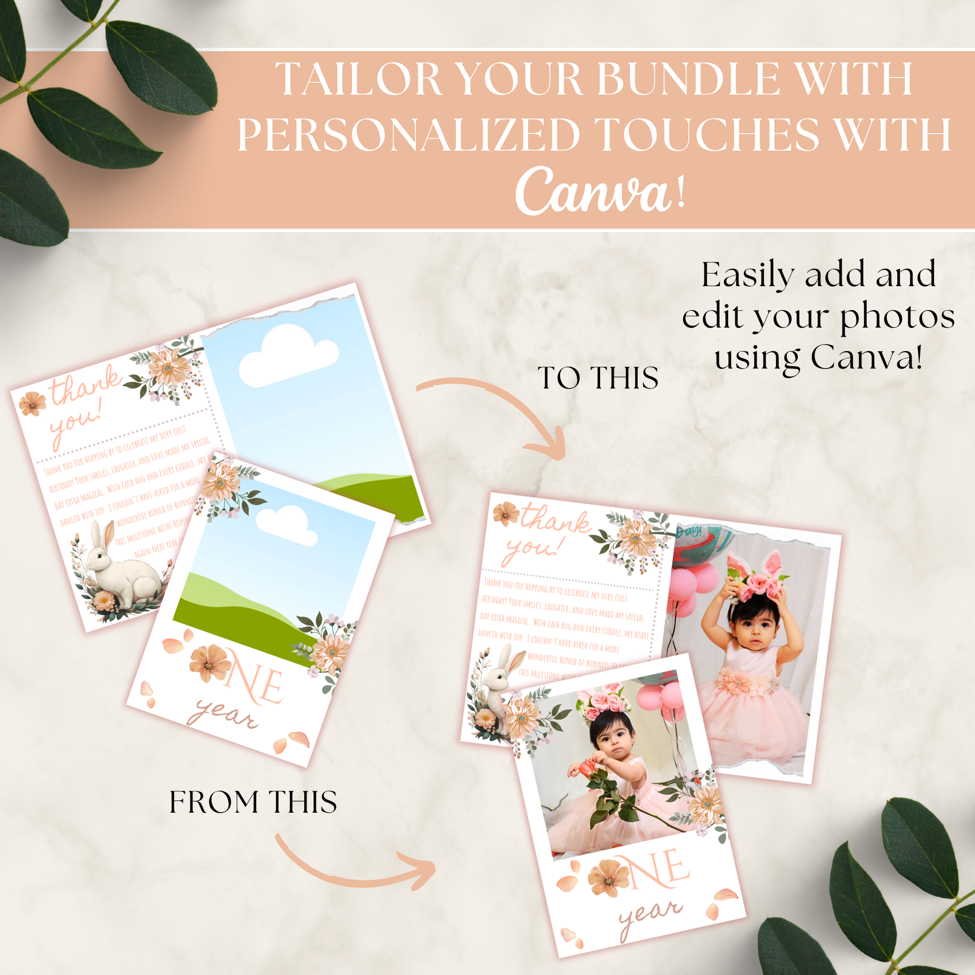 Canva product page with customizable cards and text overlay on a light background.