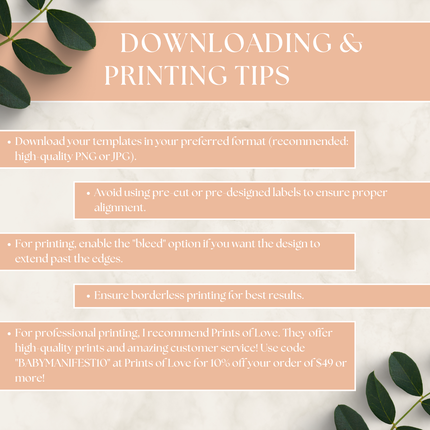 Downloading and printing tips for Some Bunny Is Turning One Birthday Bundle, including template format recommendations, bleed option usage, borderless printing advice, and professional print service suggestions.