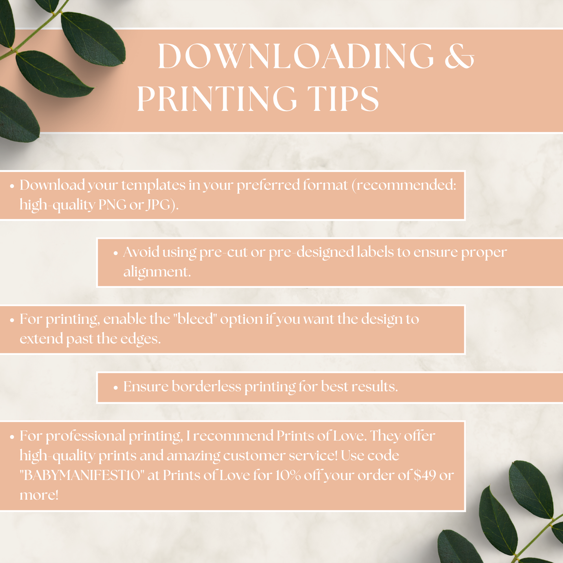Downloading and printing tips for Some Bunny Is Turning One Birthday Bundle, including template format recommendations, bleed option usage, borderless printing advice, and professional print service suggestions.