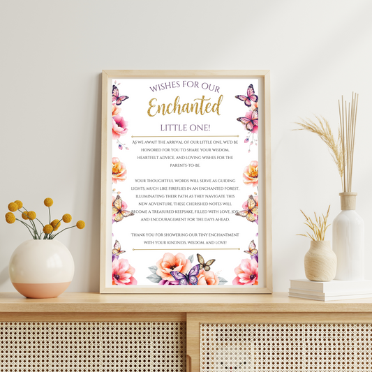Framed print with floral design and text on a shelf with decorative items.