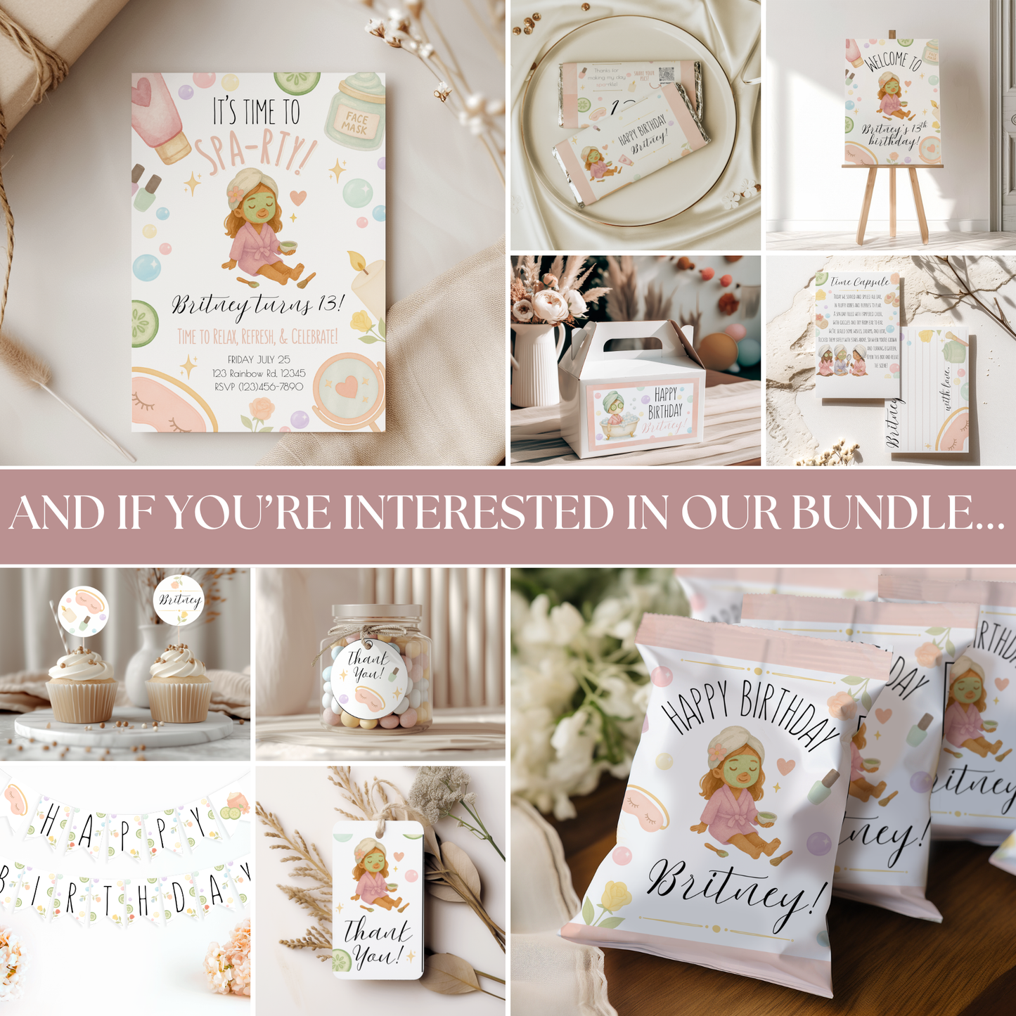 Collage of birthday party decorations and personalized items with a focus on customization.