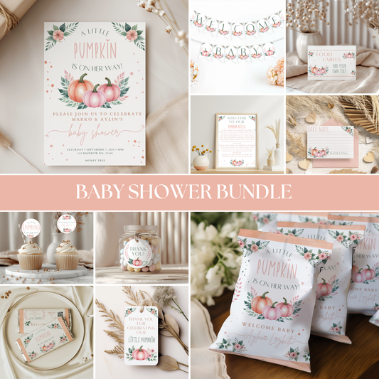 A collection of elegant autumn-themed baby shower decorations and printables featuring pumpkins and florals, from the "A Little Pumpkin is On The Way Baby Shower Bundle," including invitations, cupcake toppers, favor bags, food labels, and welcome signs.