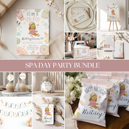 Collage of spa day party supplies and decorations with personalized items.