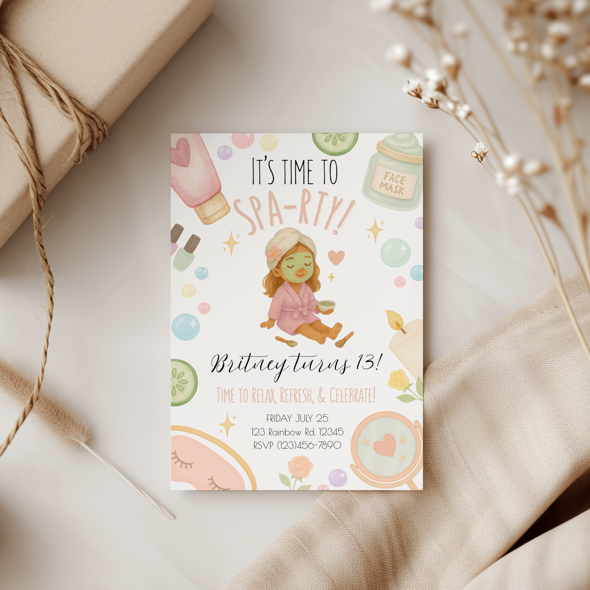 Invitation card for a spa-themed birthday party on a neutral background with decorative elements.