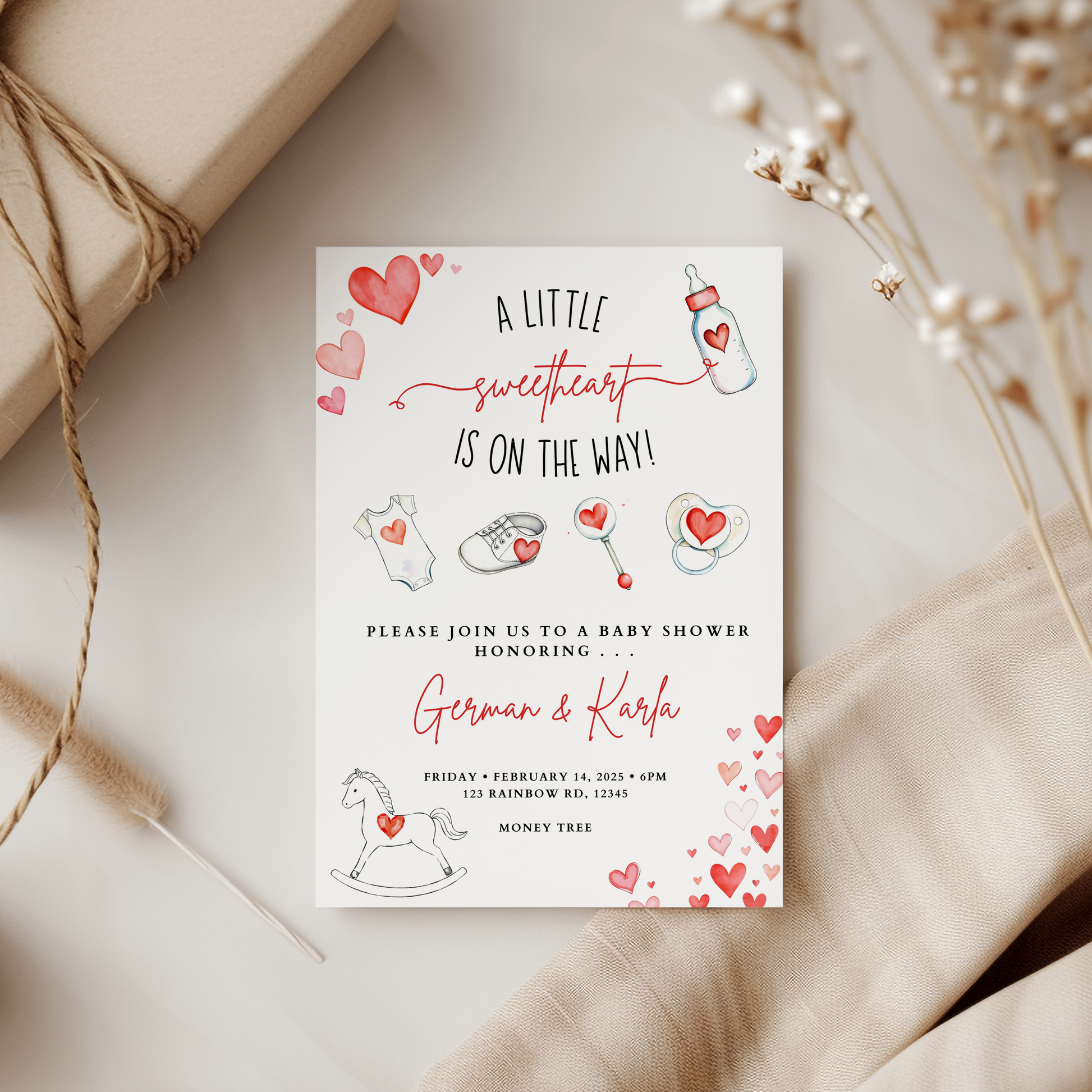 Baby shower invitation with heart designs on a neutral background