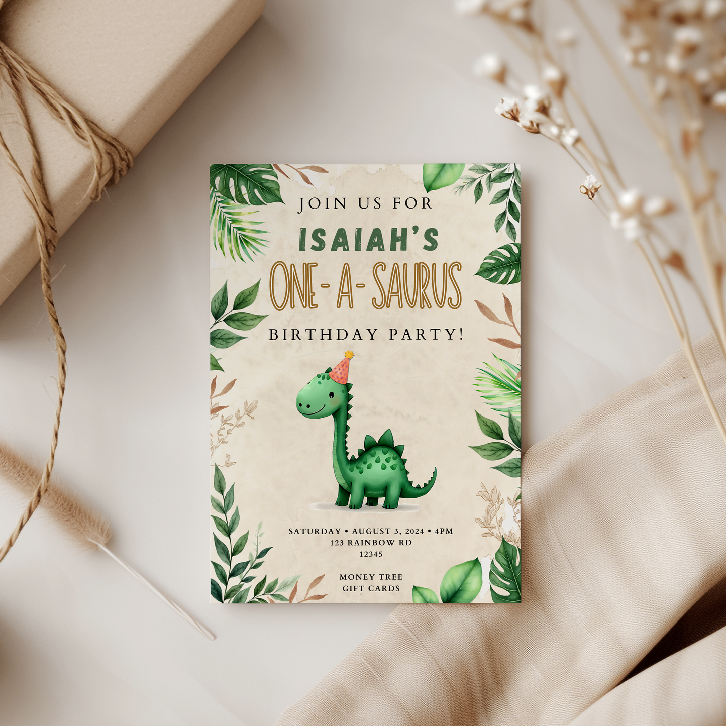 Birthday party invitation with dinosaur design on a neutral background