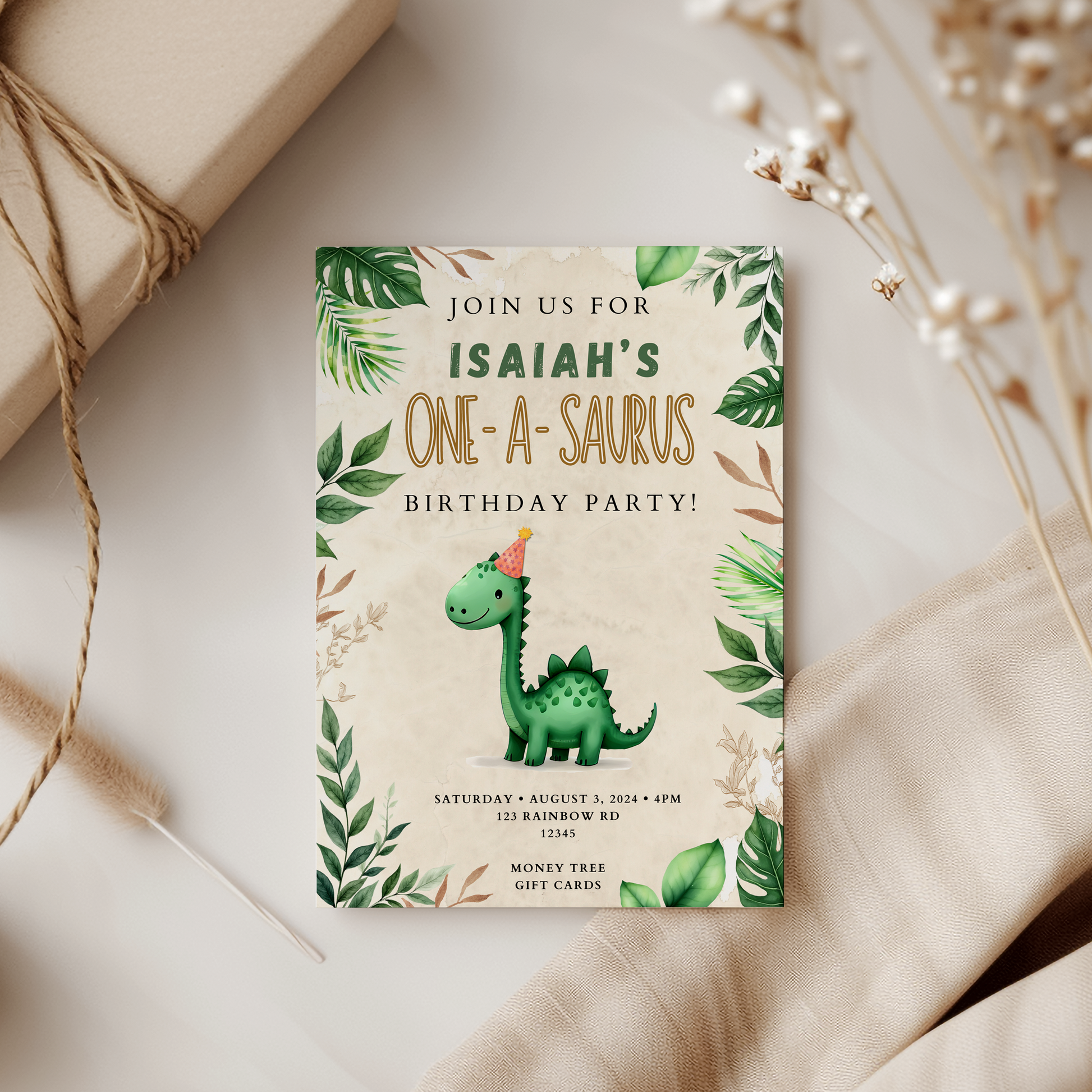 Birthday party invitation with dinosaur design on a neutral background