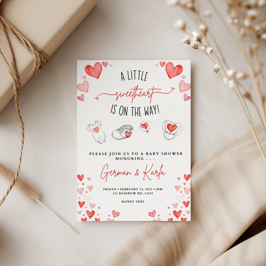 Baby shower invitation with heart designs on a neutral background