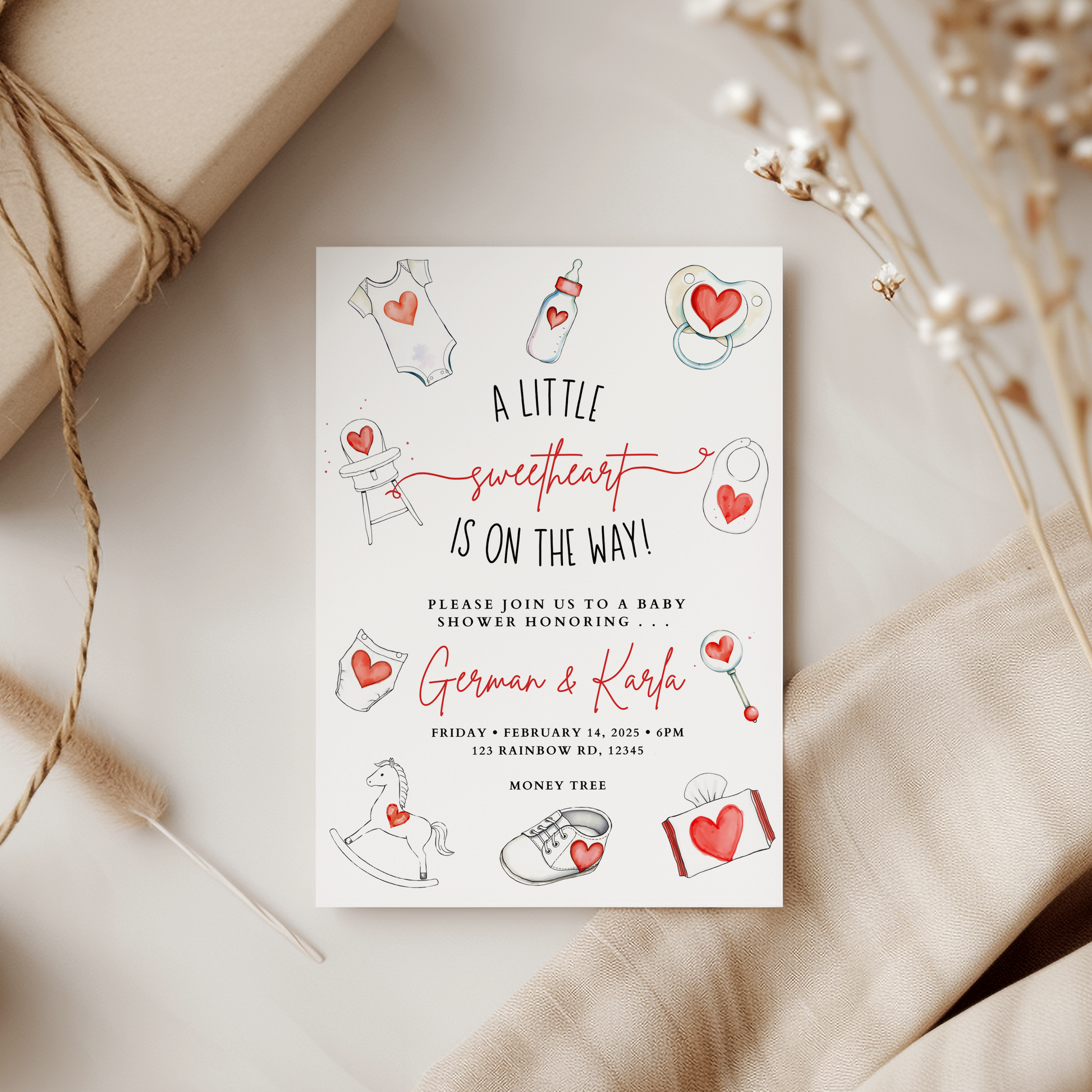 Baby shower invitation with illustrations on a neutral background