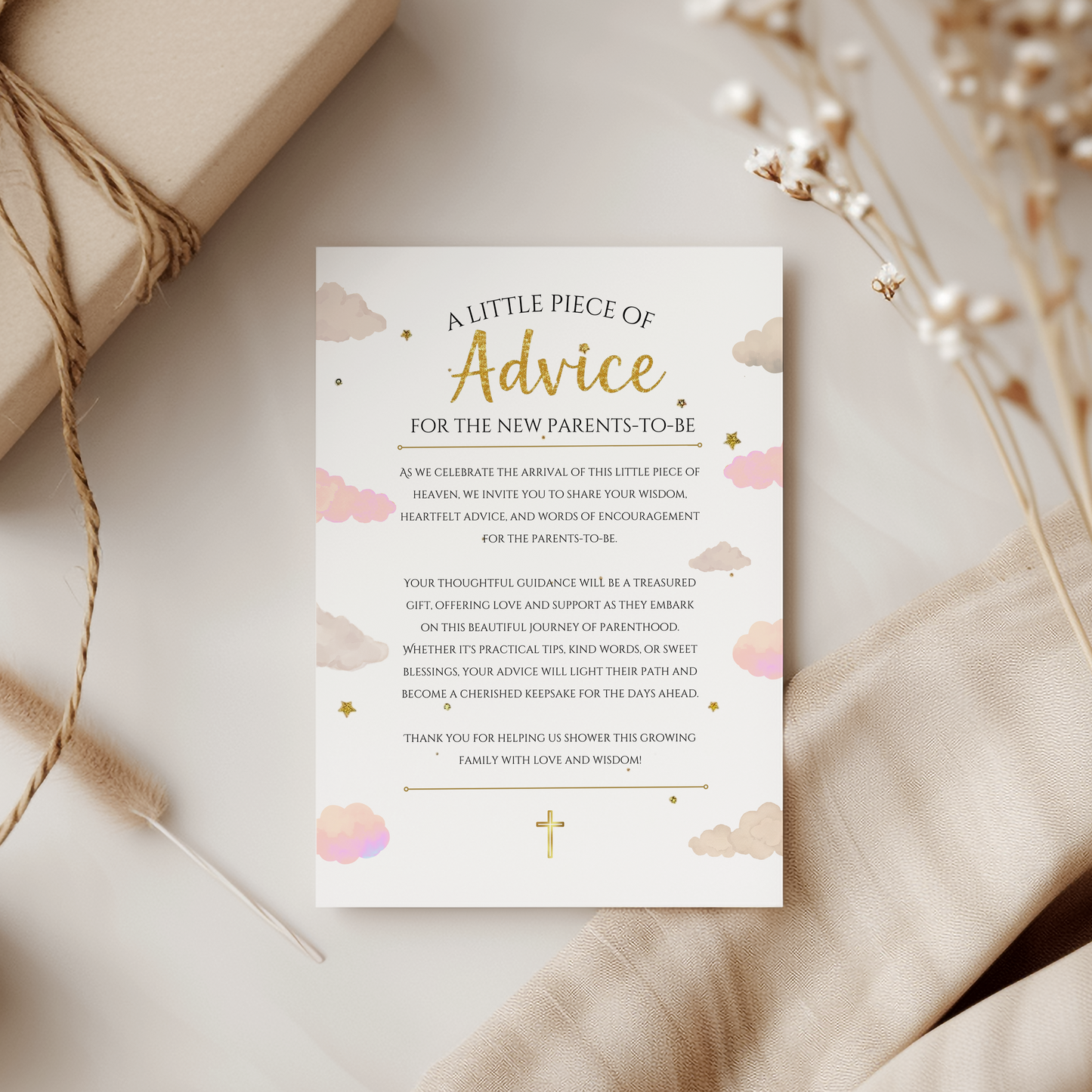Card titled 'A Little Piece of Advice for the New Parents-to-be' on a neutral background with decorative elements.