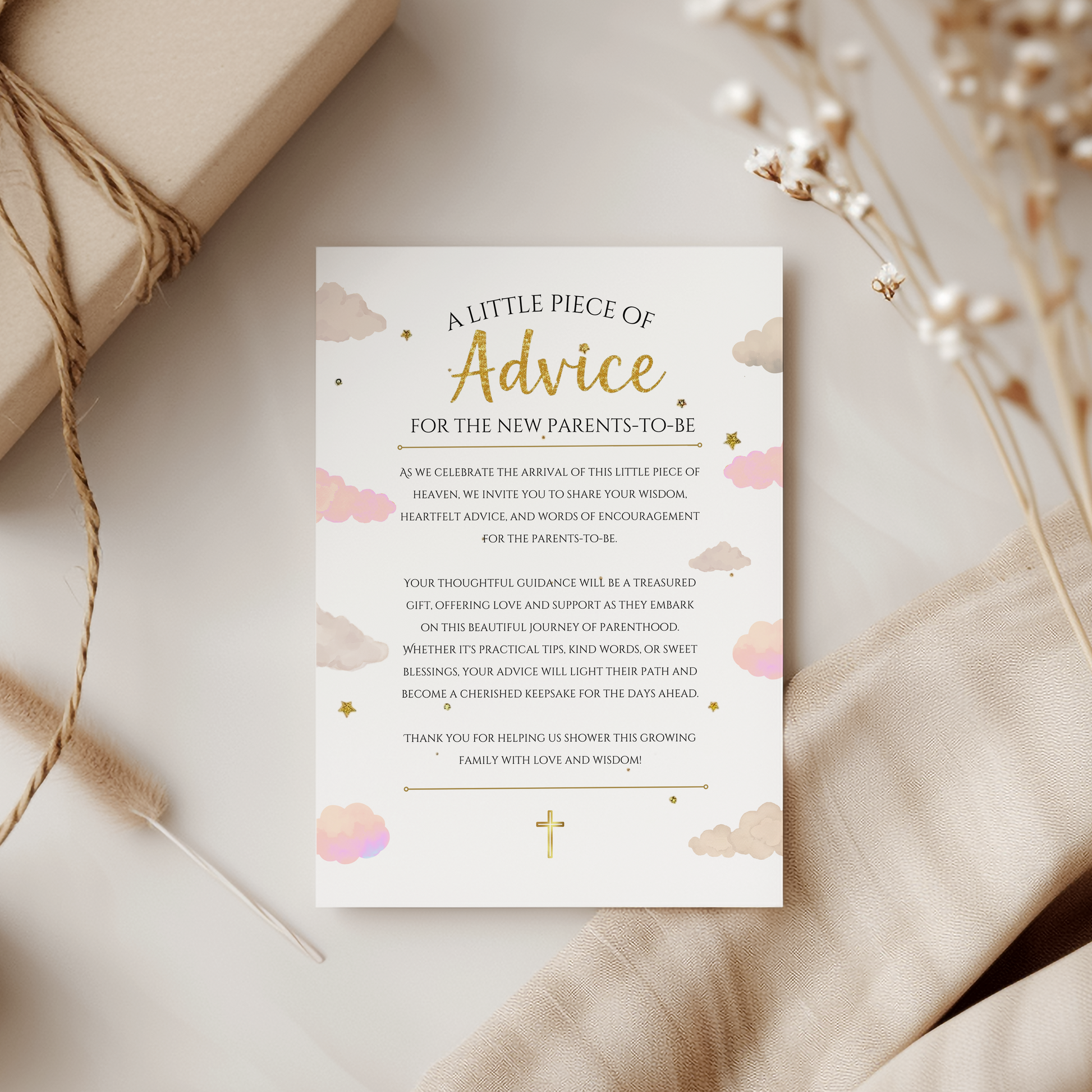 Card titled 'A Little Piece of Advice for the New Parents-to-be' on a neutral background with decorative elements.