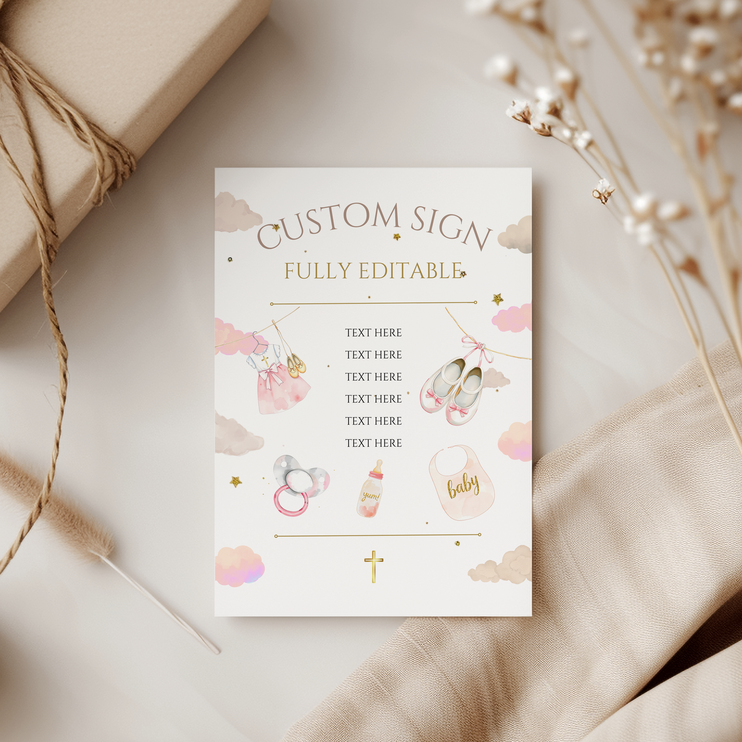 Custom sign template with baby-themed illustrations on a neutral background
