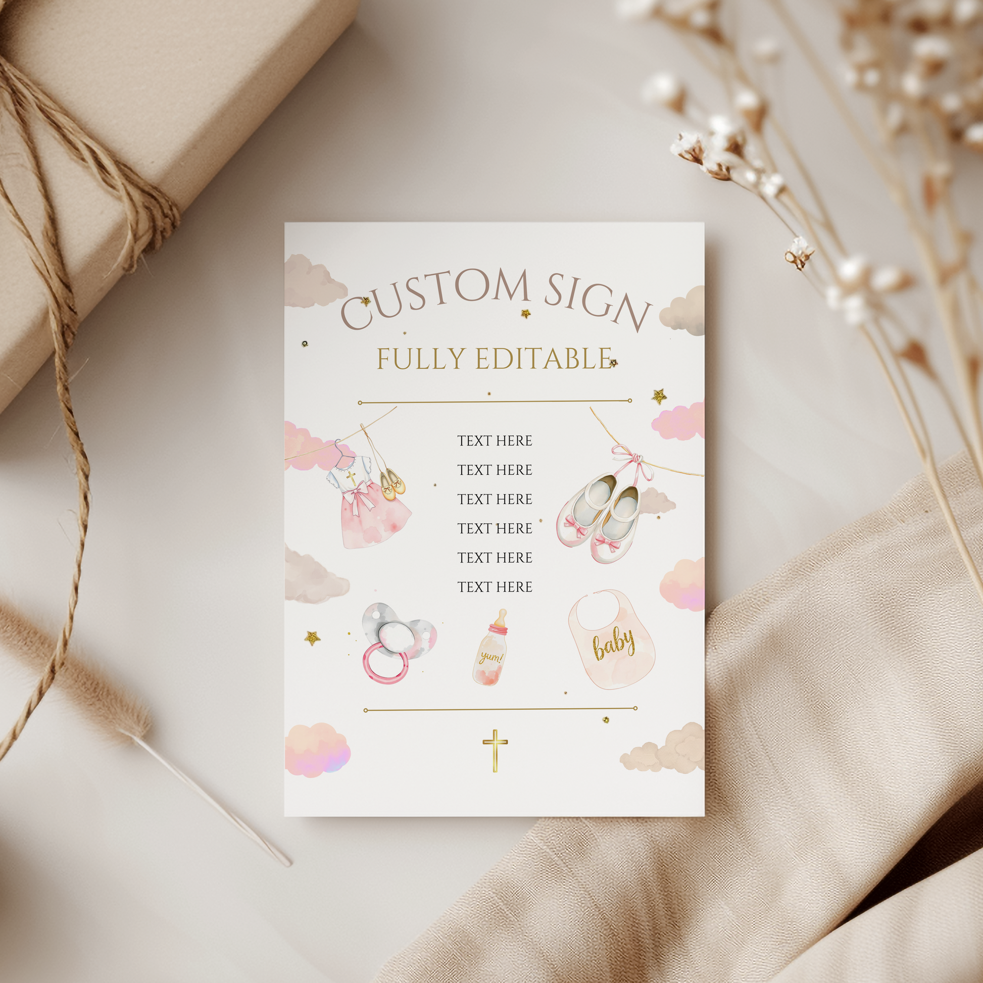 Custom sign template with baby-themed illustrations on a neutral background