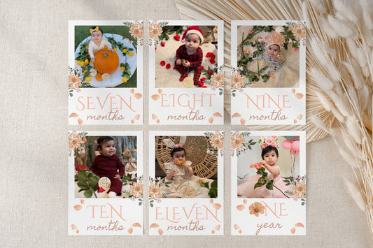 Collage of baby milestone photos with text on a neutral background