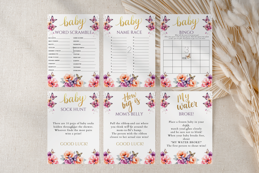 Set of baby shower games with floral designs on a neutral background