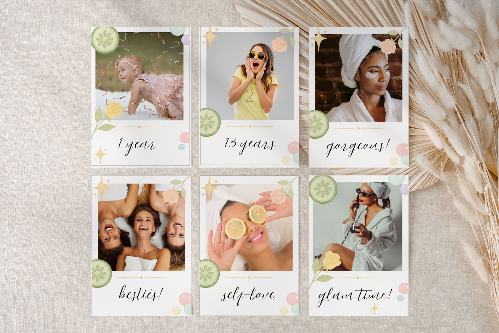 Collage of six photo cards with text and images on a textured surface.