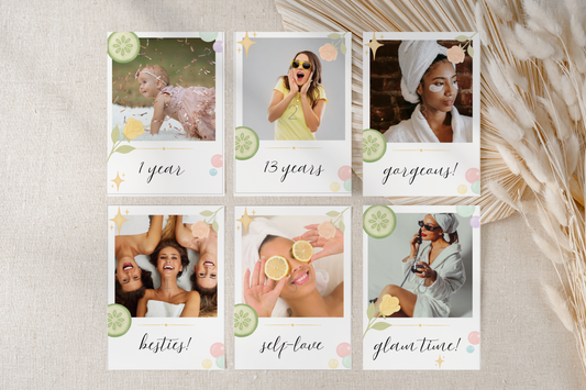 Collage of six photo cards with text and images on a textured surface.