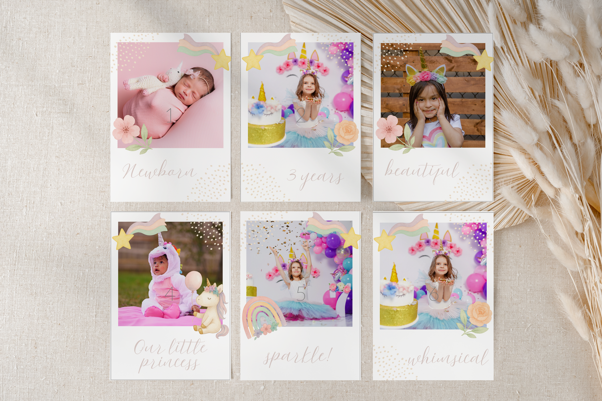 Set of photo cards with children in various outfits and settings on a textured surface.