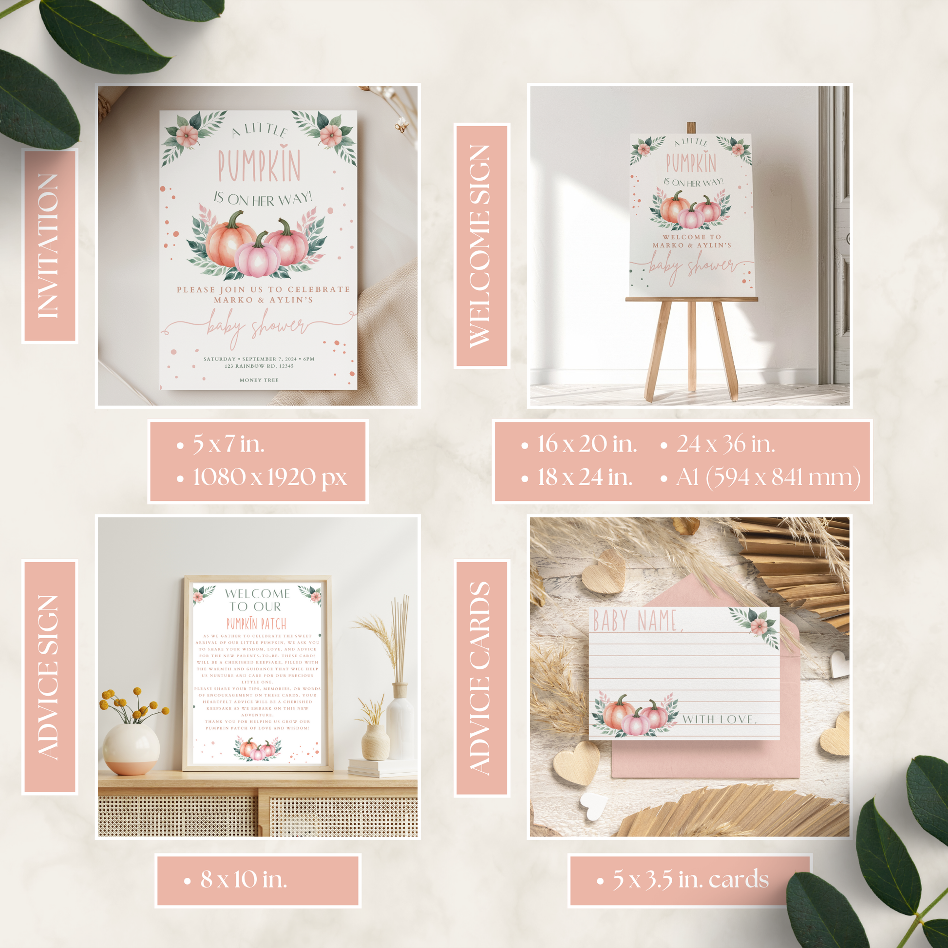 Collection of baby shower printables including invitations, welcome signs, and advice cards with floral and pumpkin designs.