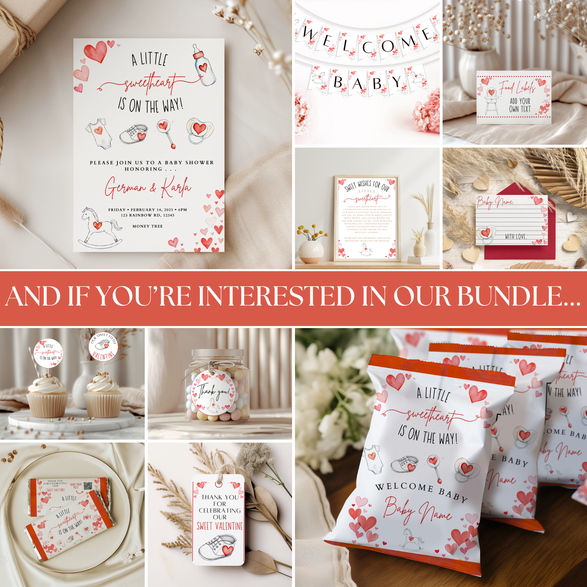 Collage of baby shower invitations and related items with a promotional text overlay.