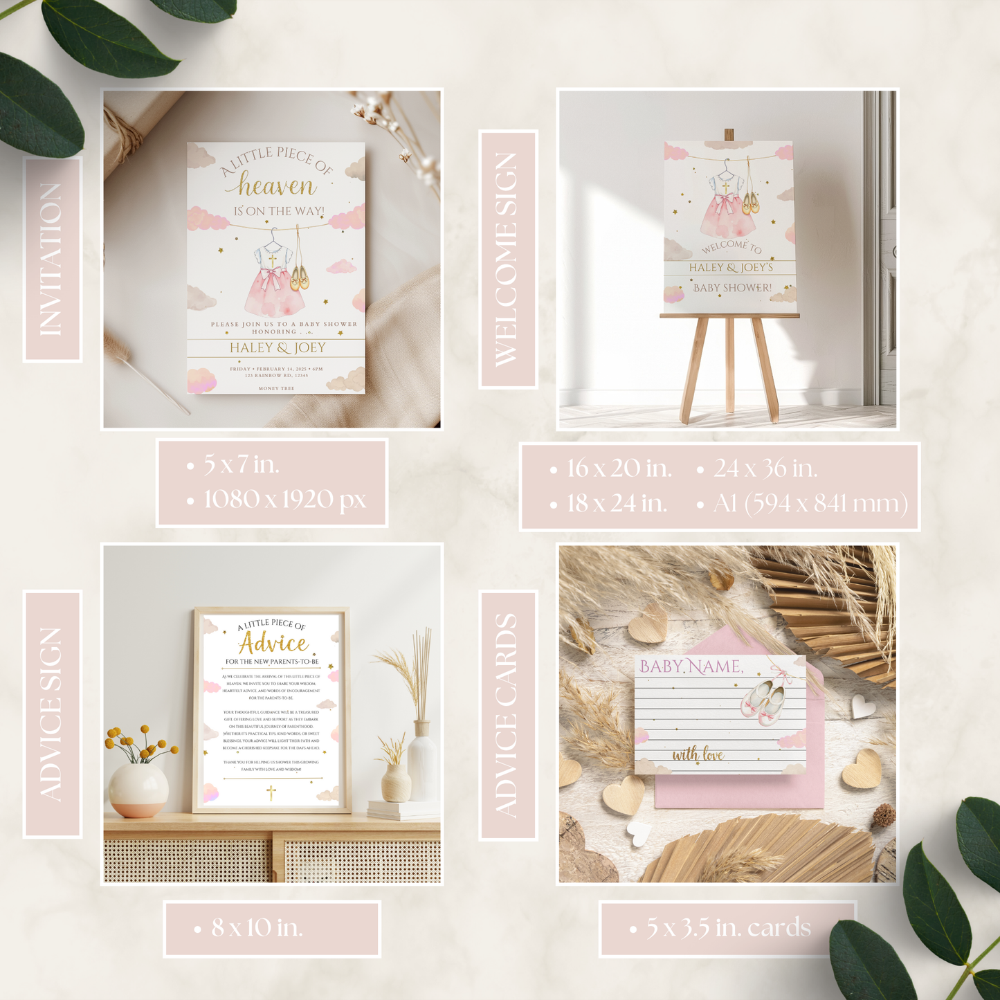 Collage of baby shower printables with text and images on a light background.