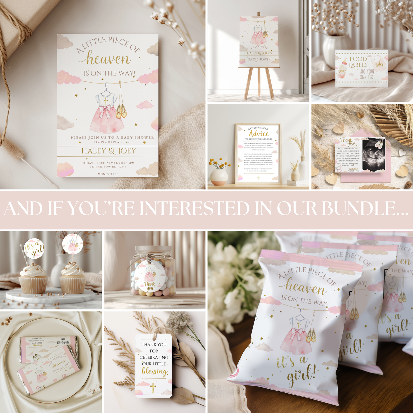 Collage of baby shower invitations and decor items with 'Baby Shower Bundle' text.