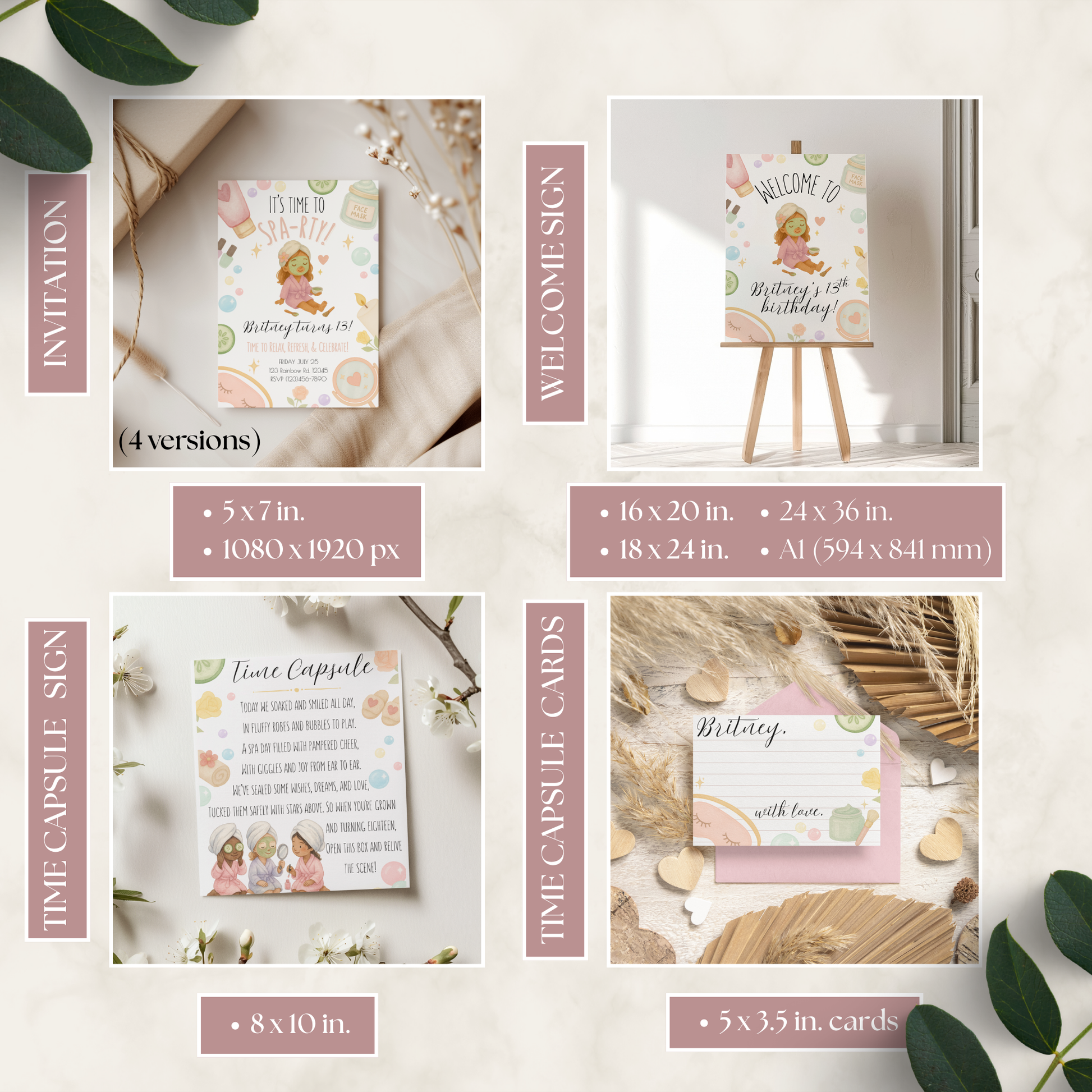 Collection of birthday-themed cards and signs with illustrations on a light background.