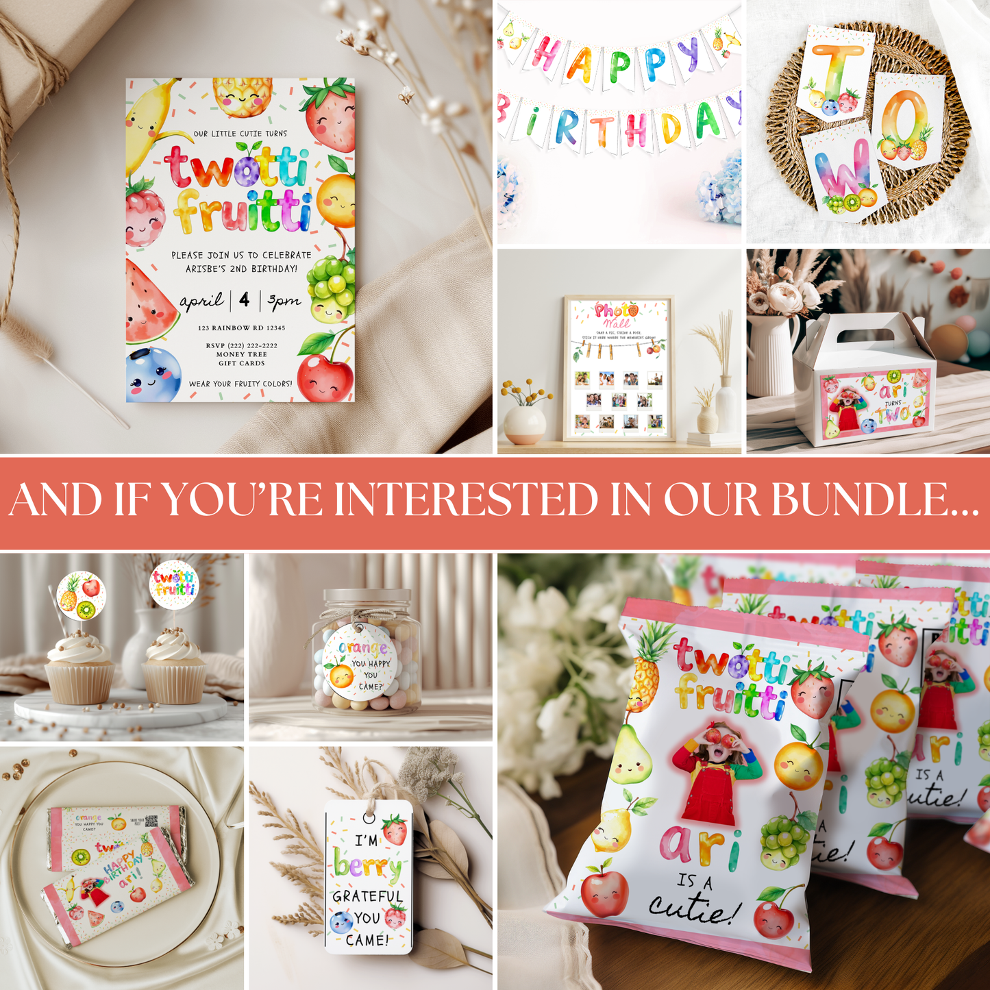 Collage of children's party supplies with fruit-themed designs and text.