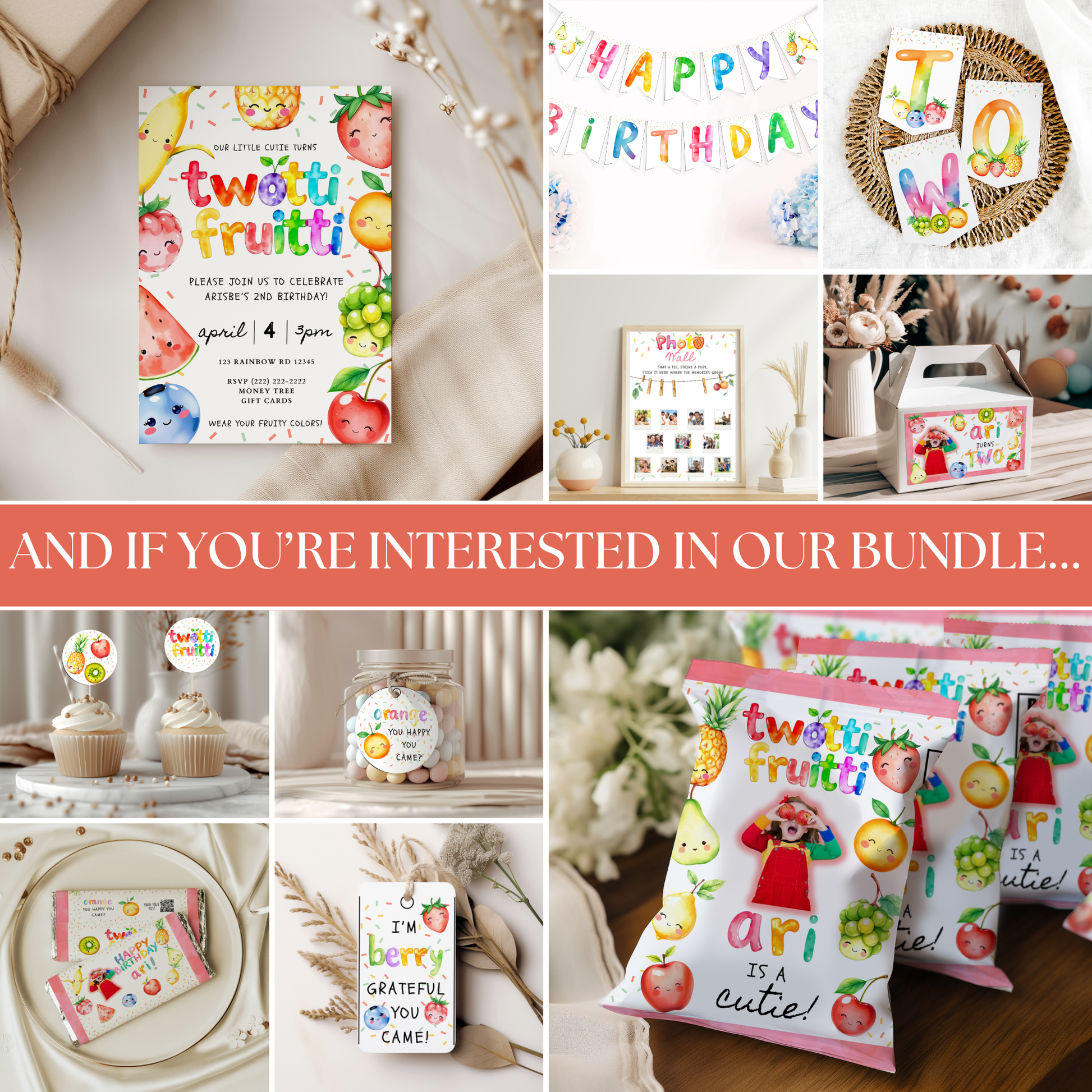 Collage of children's party supplies with fruit-themed designs and text.