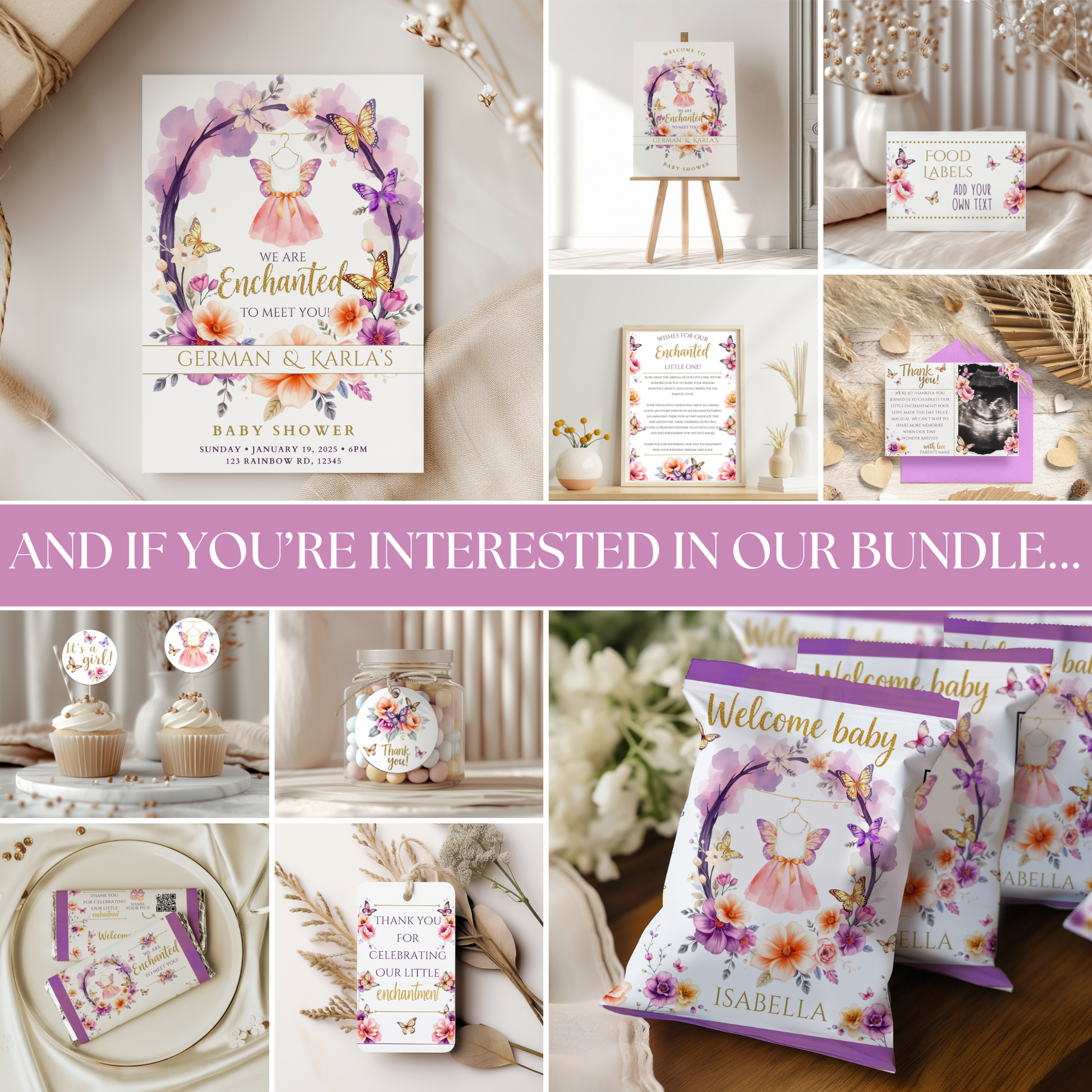 Collage of baby shower invitations and decorations with floral designs and purple accents.