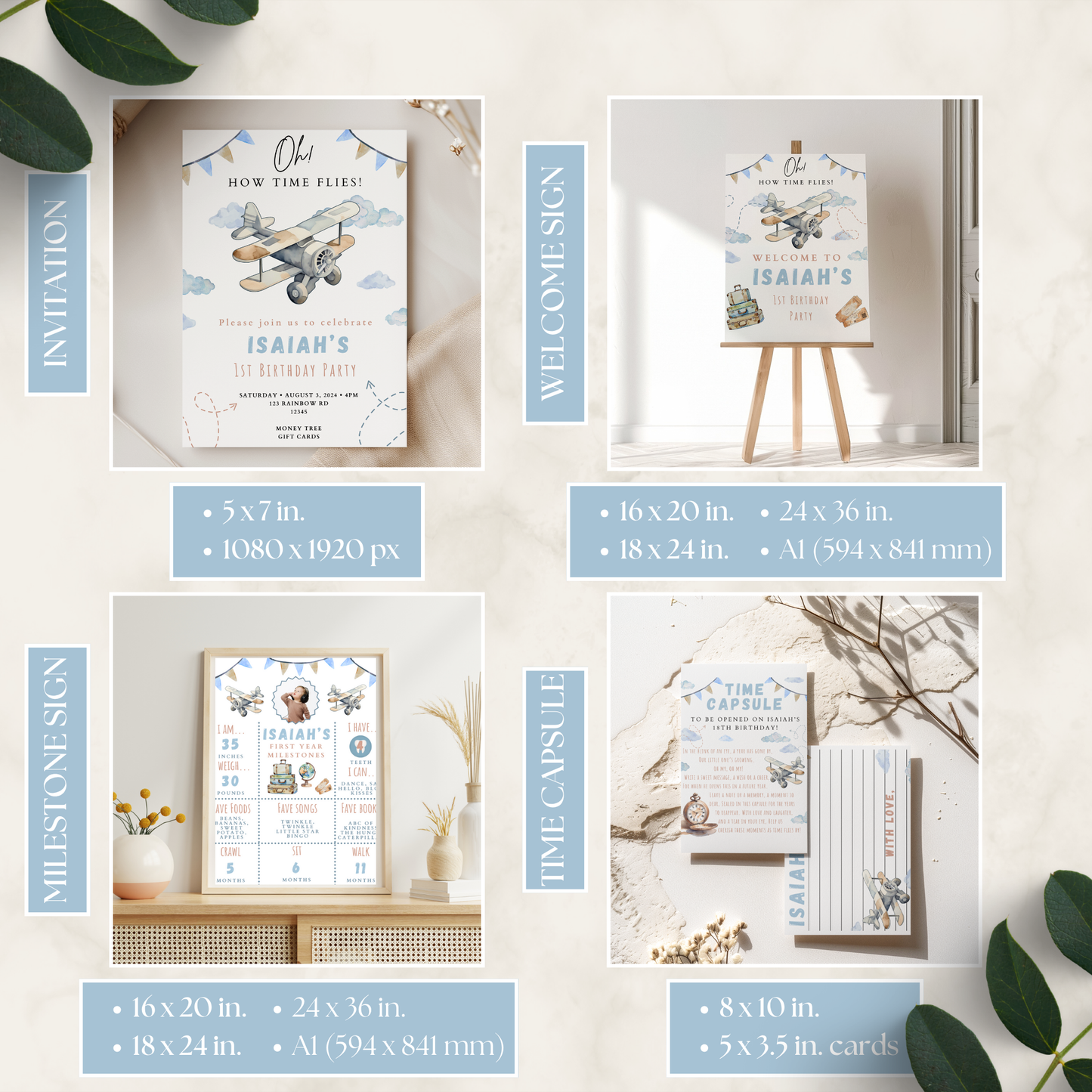 Collection of baby shower invitations and signs with airplane theme on a light background.
