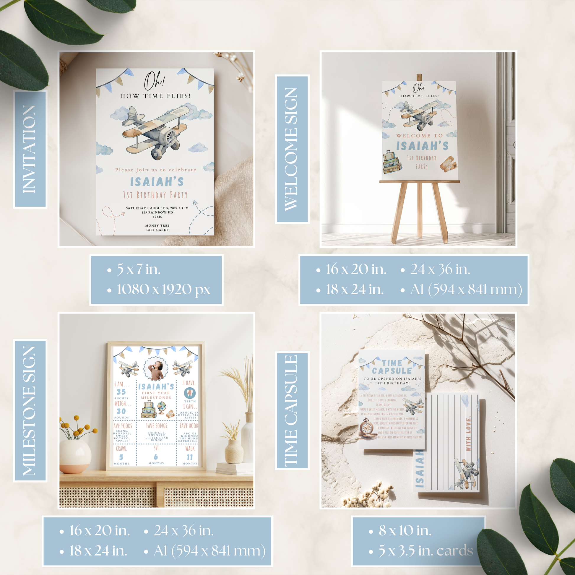 Collection of baby shower invitations and signs with airplane theme on a light background.