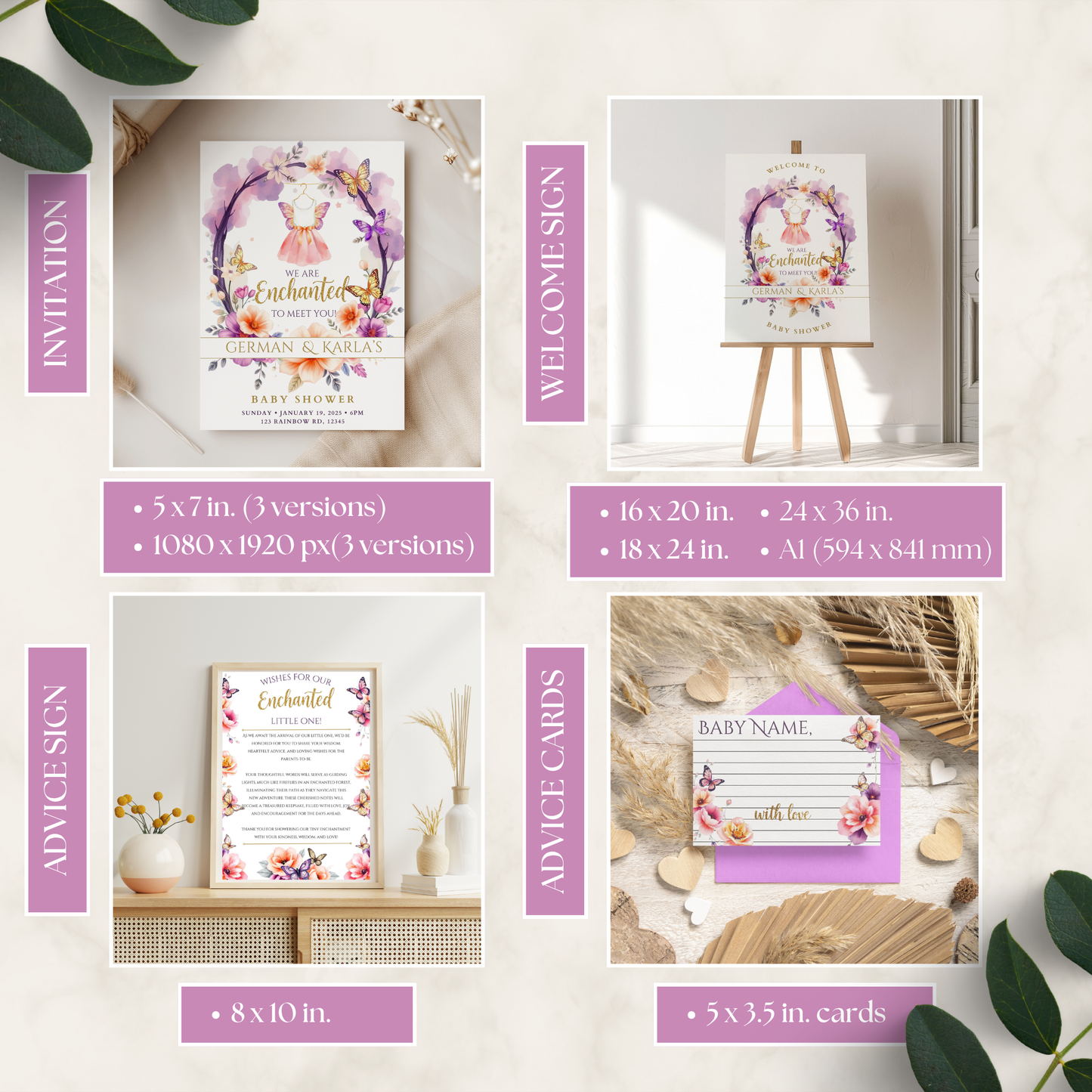 Enchanted To Meet You Baby Shower Bundle featuring floral-themed invitation, welcome sign, advice sign, and advice cards with whimsical butterfly and flower designs on soft pastel backgrounds.
