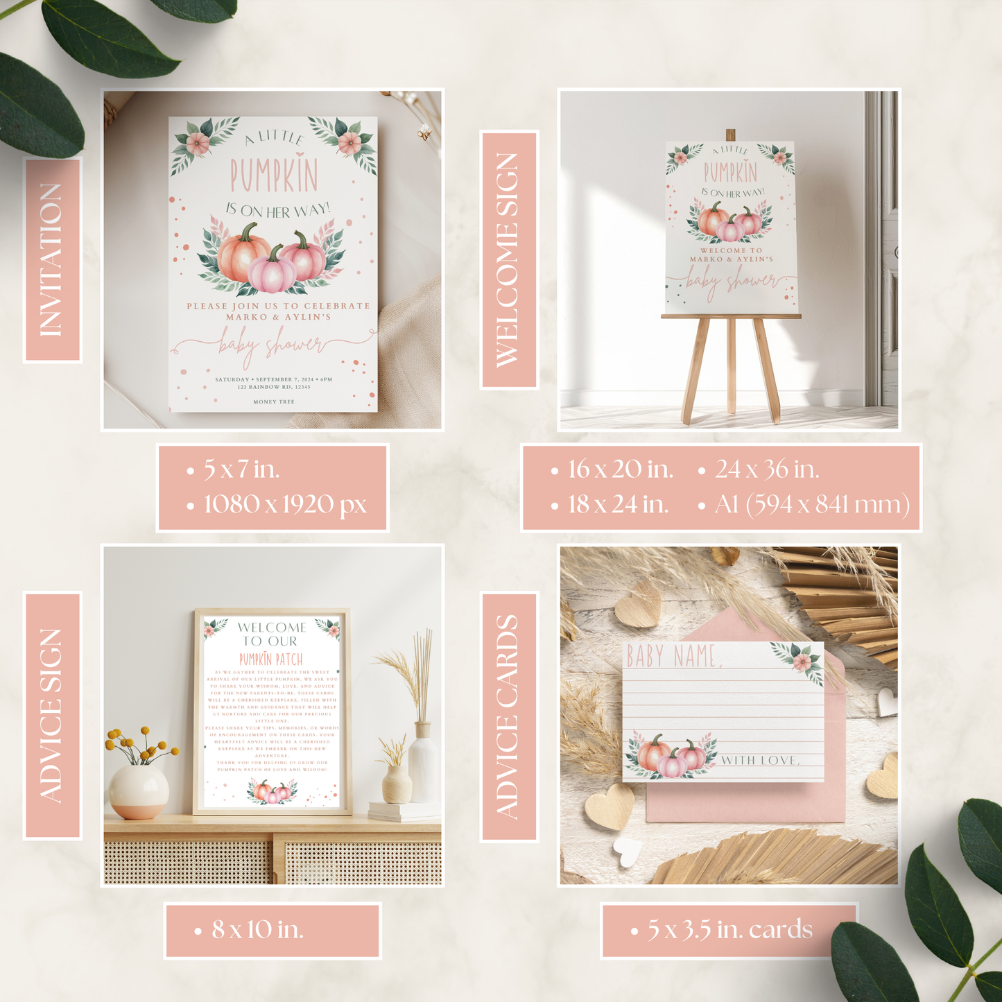 A collection of elegant printable party decorations featuring soft autumnal pumpkin illustrations and floral accents, including an invitation, welcome sign, advice sign, and advice cards for the A Little Pumpkin is On The Way Baby Shower Bundle.