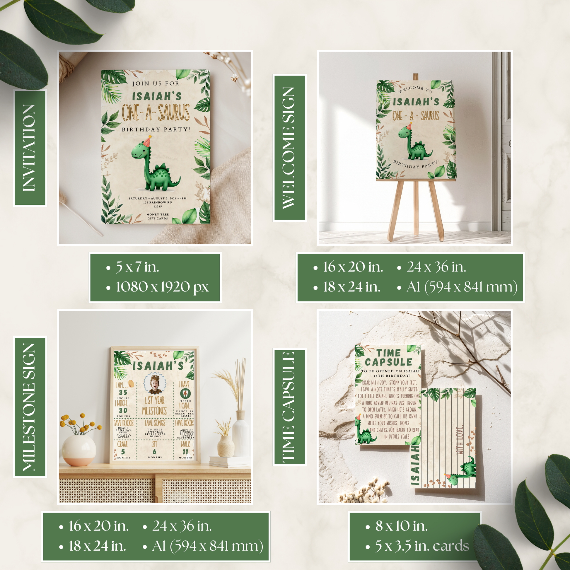Collection of dinosaur-themed products including invitations, milestone signs, and time capsule on a light background.