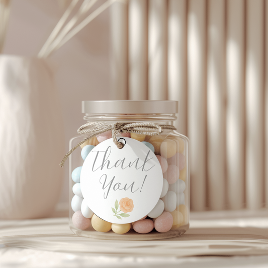 Jar of pastel candies with a 'Thank You!' tag on a neutral background