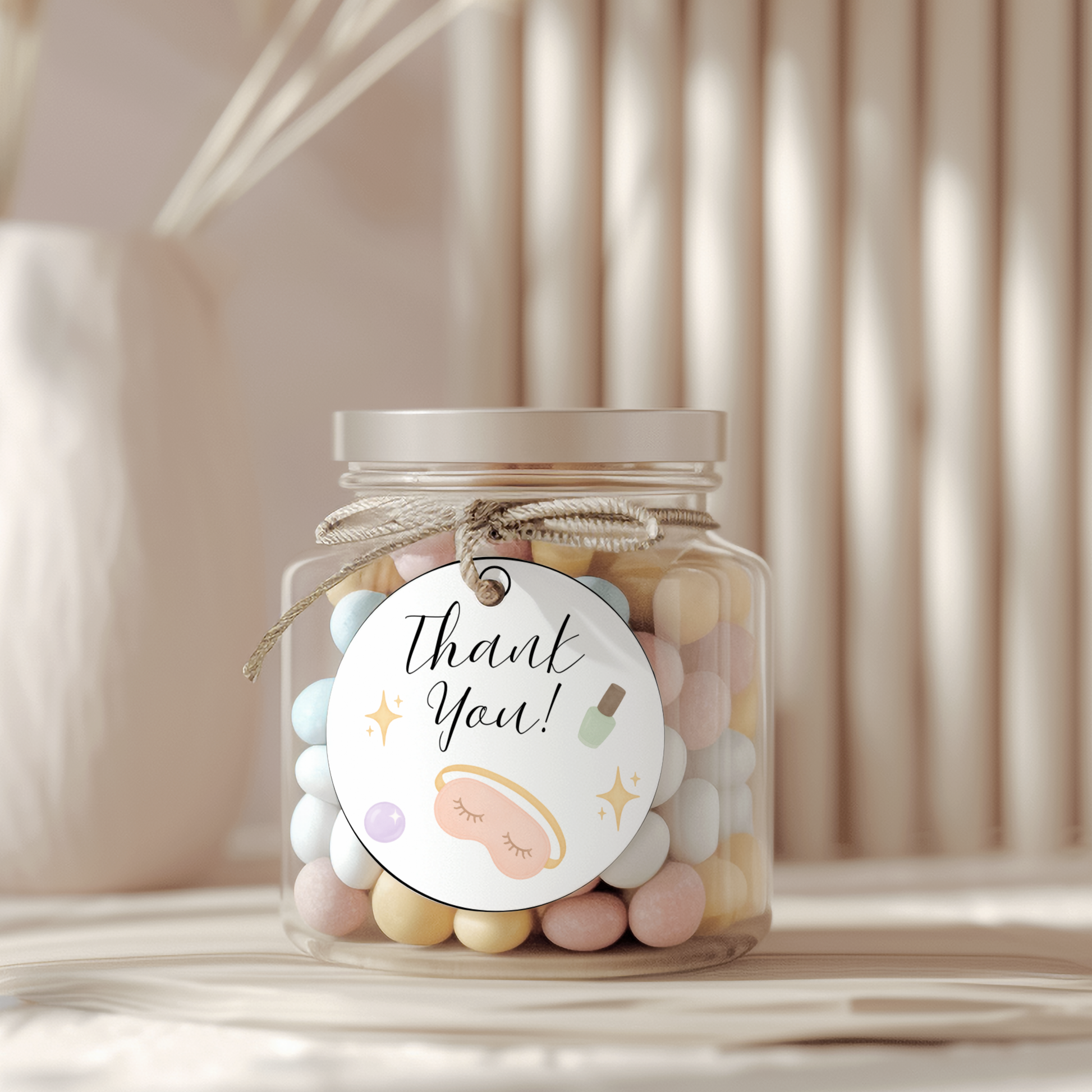 Jar of pastel candies with a 'Thank You' tag on a neutral background