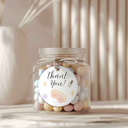 Jar of pastel candies with a 'Thank You' tag on a neutral background