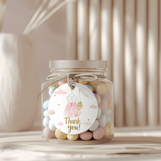 Jar of colorful candies with a 'Thank you!' tag on a neutral background