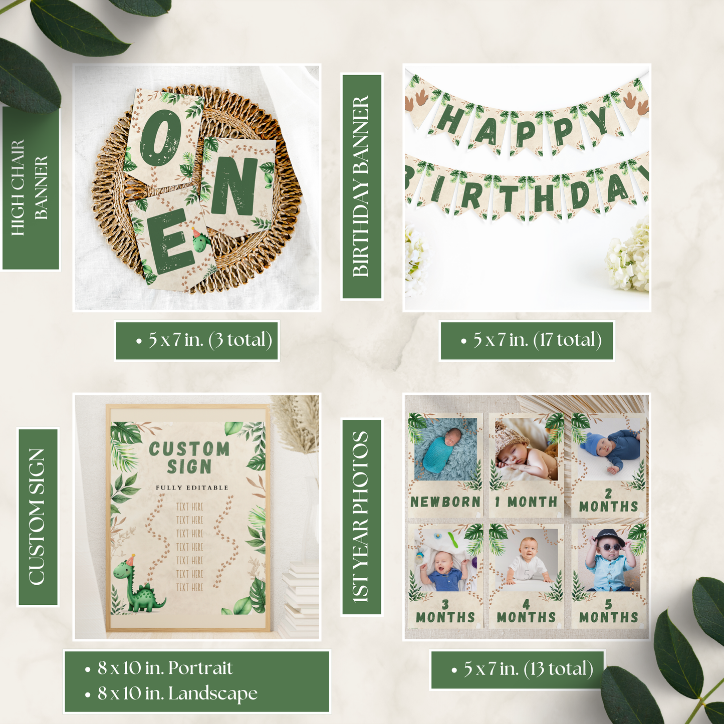 One-A-Saurus Themed Birthday Bundle featuring printable party decorations including high chair and birthday banners, customizable sign, and first-year milestone photo cards with dinosaur designs.